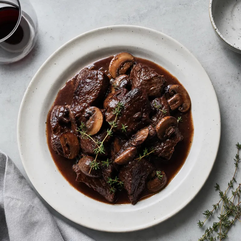 Beef and mushroom casserole with red wine and thyme