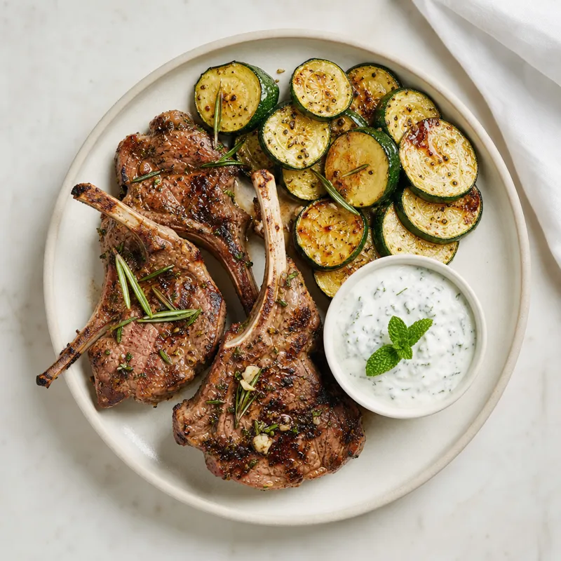 Lamb Chops with Mint Yoghurt and Roasted Courgettes