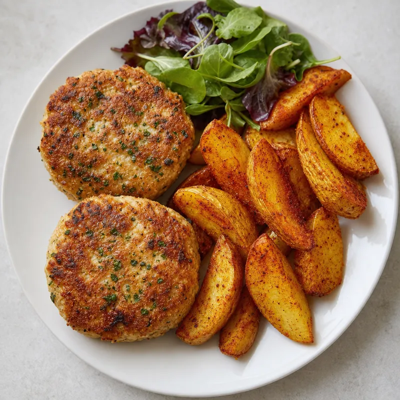 Low FODMAP turkey burgers with potato wedges