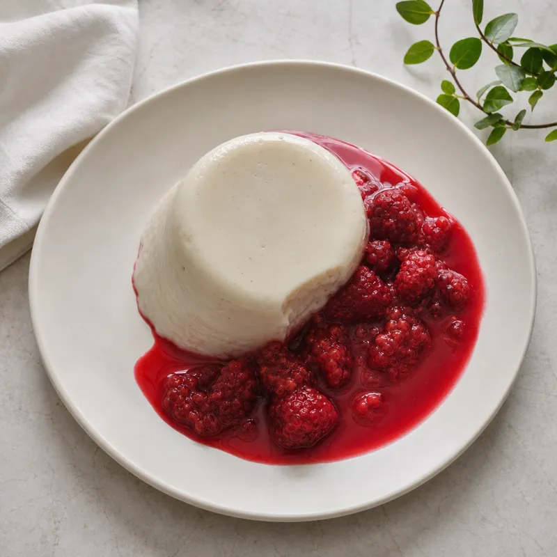 Oat milk blancmange with stewed raspberries