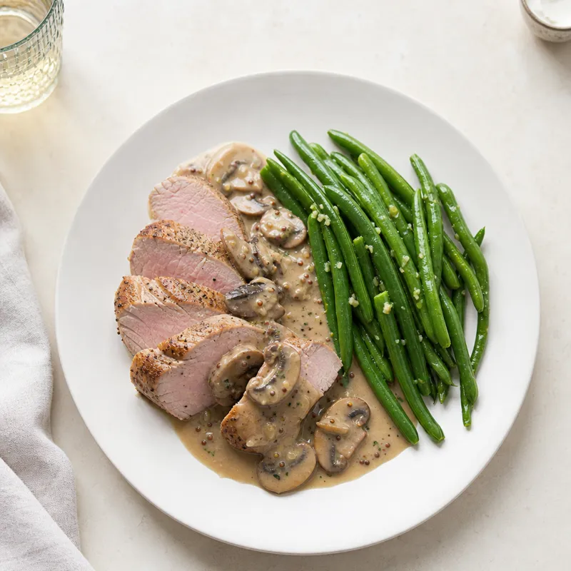 Pork tenderloin with mushroom and mustard sauce