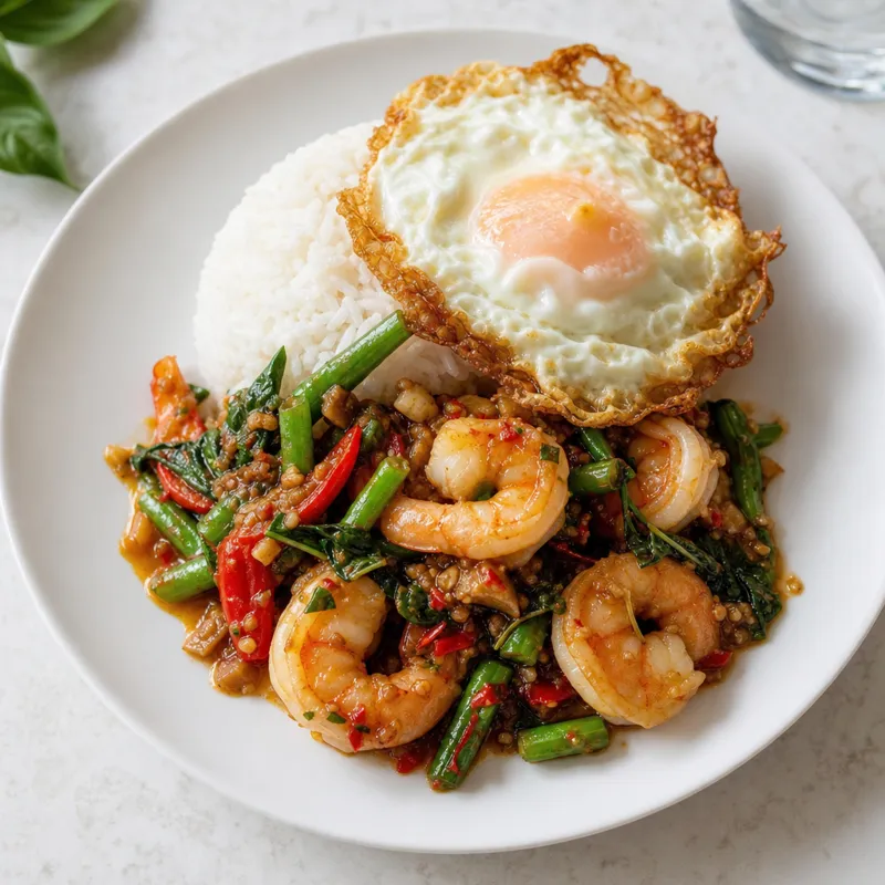 Prawn Pad Krapow with Fried Egg and Rice