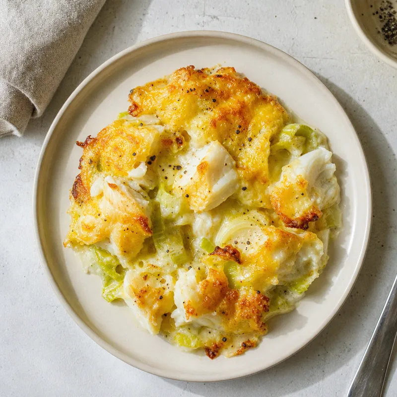 Smoked haddock and leek gratin