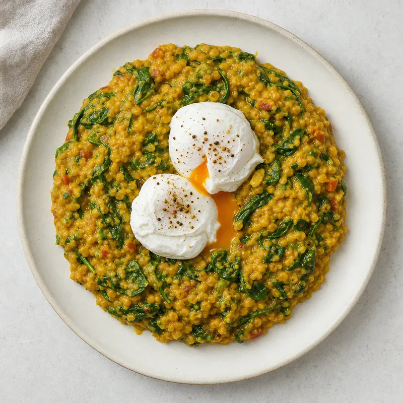 Spinach and Coconut Dhal with Soft Poached Eggs