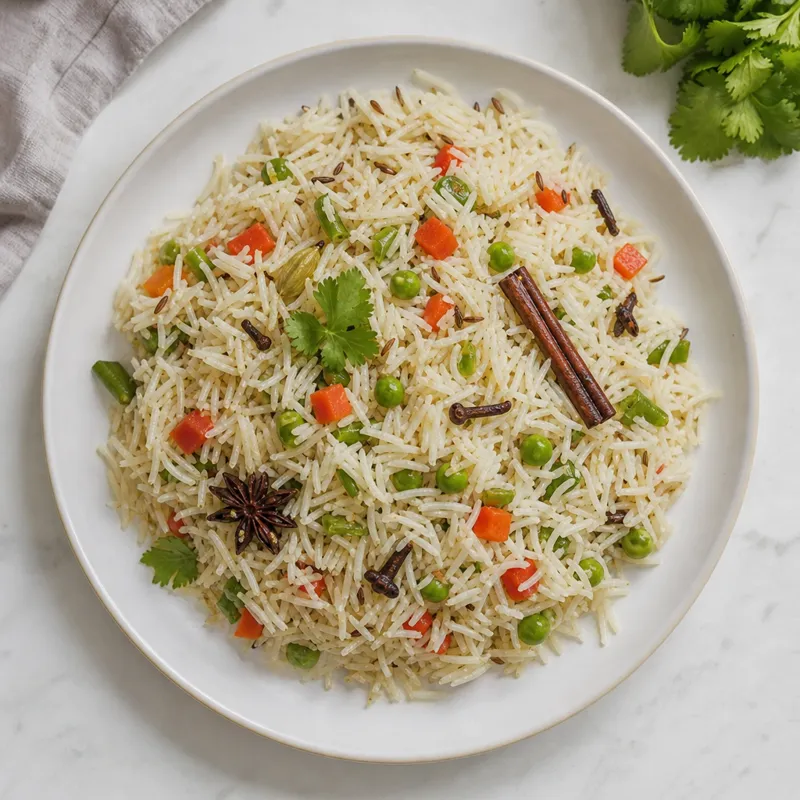 Vegetable pulao with whole spices and peas